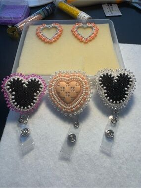Beaded Heart Badge Reel Trio - Black, Peach, Pink Accents